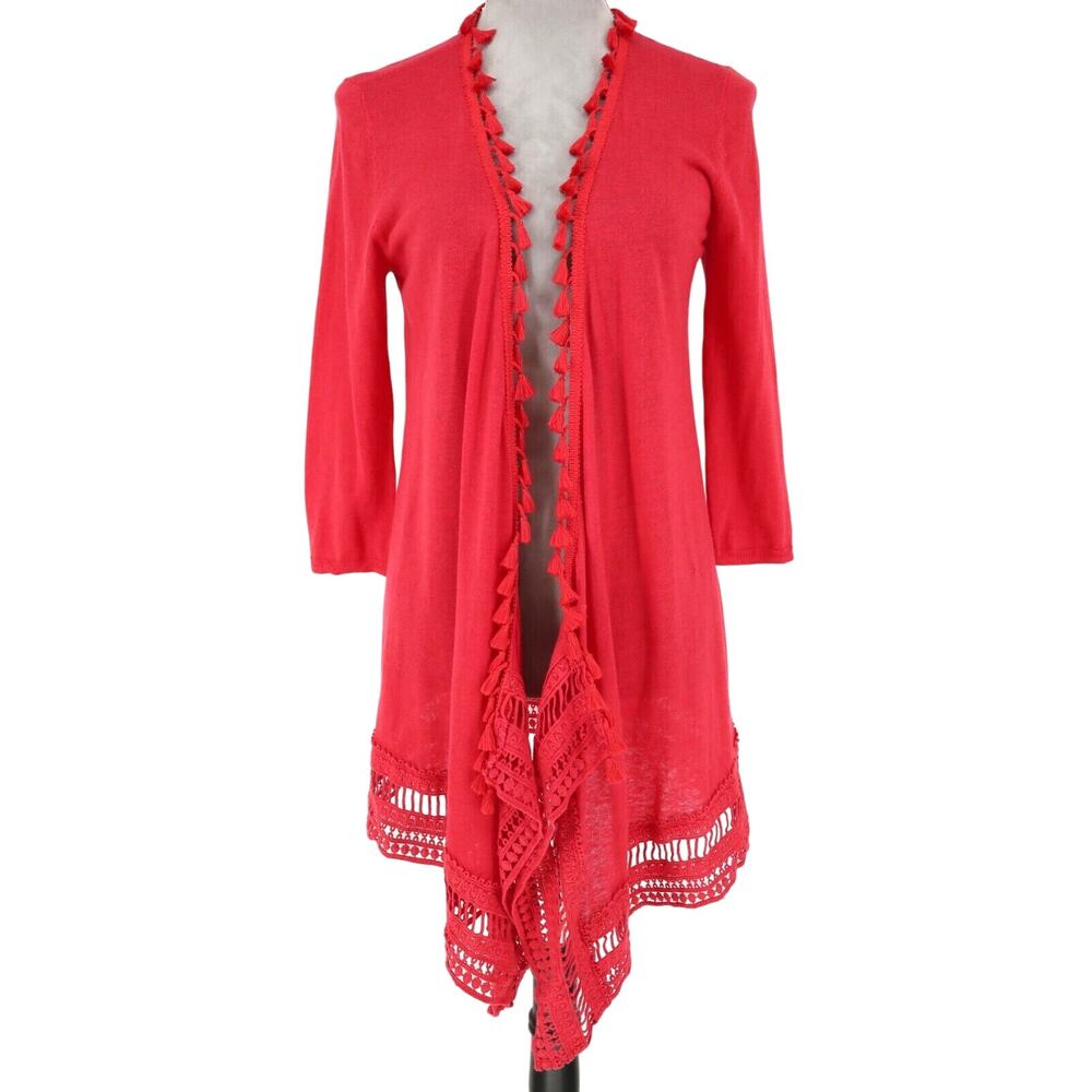 Chicos Sweater 0 Womens 4 Small Red Long Cardigan Linen Cotton Blend Tassel Trim